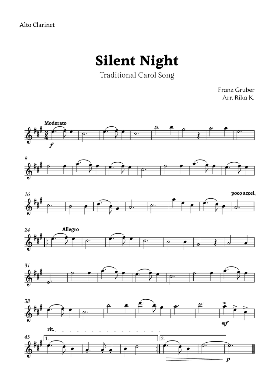 Silent Night for Alto Clarinet Solo E-Flat Clarinet scores gallery preview page 1