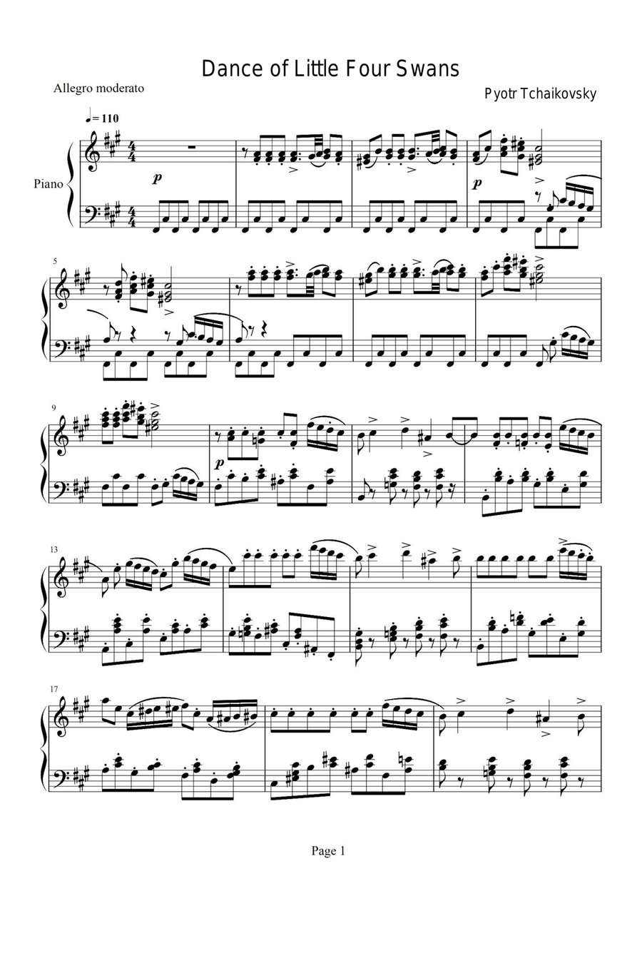 Dance of Little Four Swans - Pyotr Tchaikovsky Piano Solo scores gallery preview page 1
