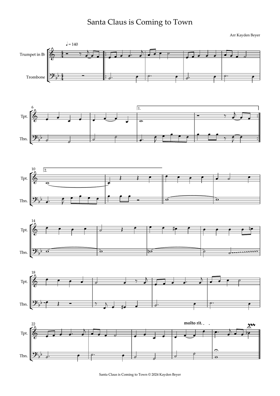 Santa Claus is coming to town Brass Duet scores gallery preview page 1
