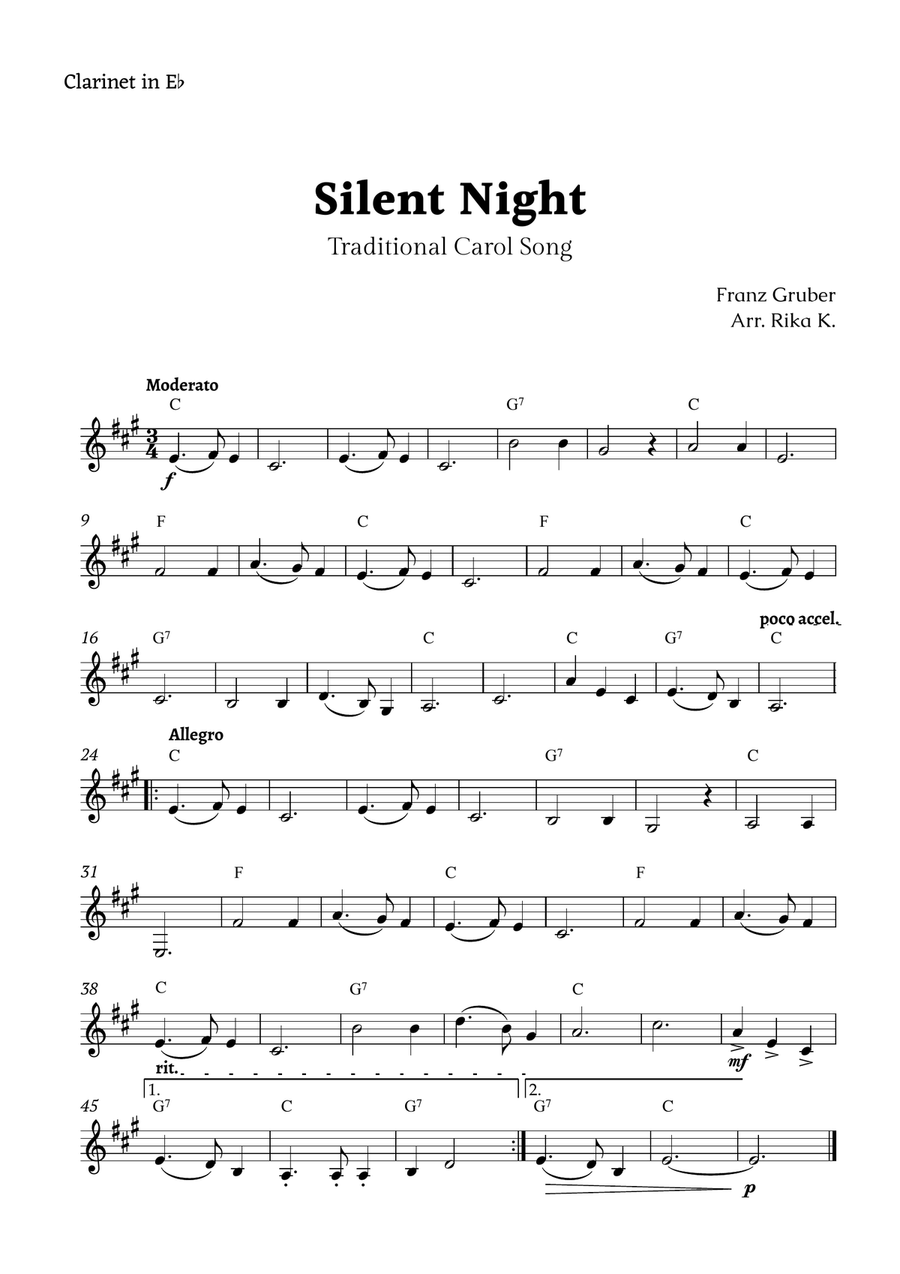 Silent Night for E♭ Clarinet Solo E-Flat Clarinet scores gallery preview page 1