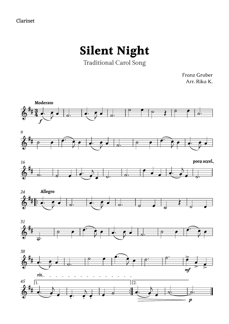Silent Night for B♭ Clarinet Solo B-Flat Clarinet scores gallery preview page 1