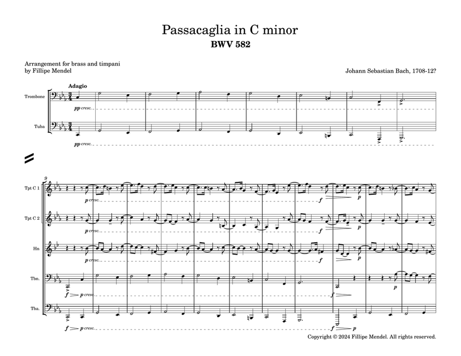 Bach - Passacaglia in C minor BWV 582 for brass and timpani Brass Ensemble scores gallery preview page 1