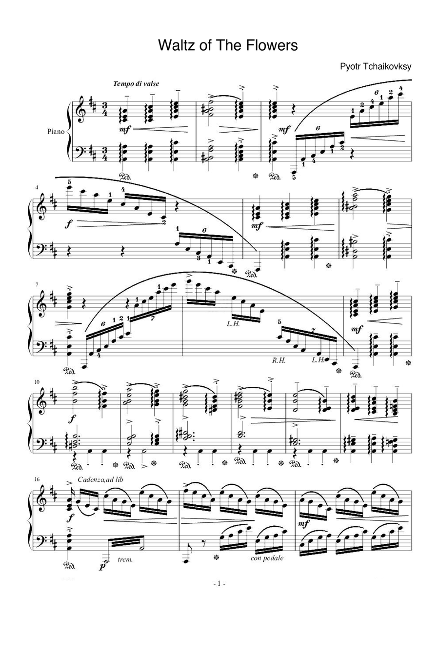 Waltz of The Flowers - Pyotr Tchaikovksy Piano Solo scores gallery preview page 1