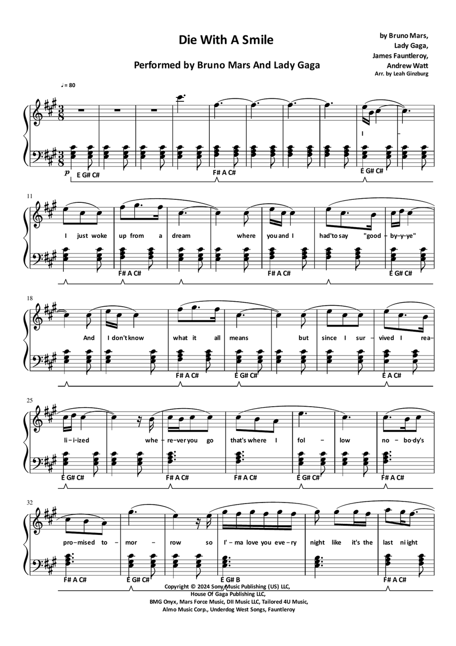Die With A Smile Die With A Smile Piano Solo scores gallery preview page 1