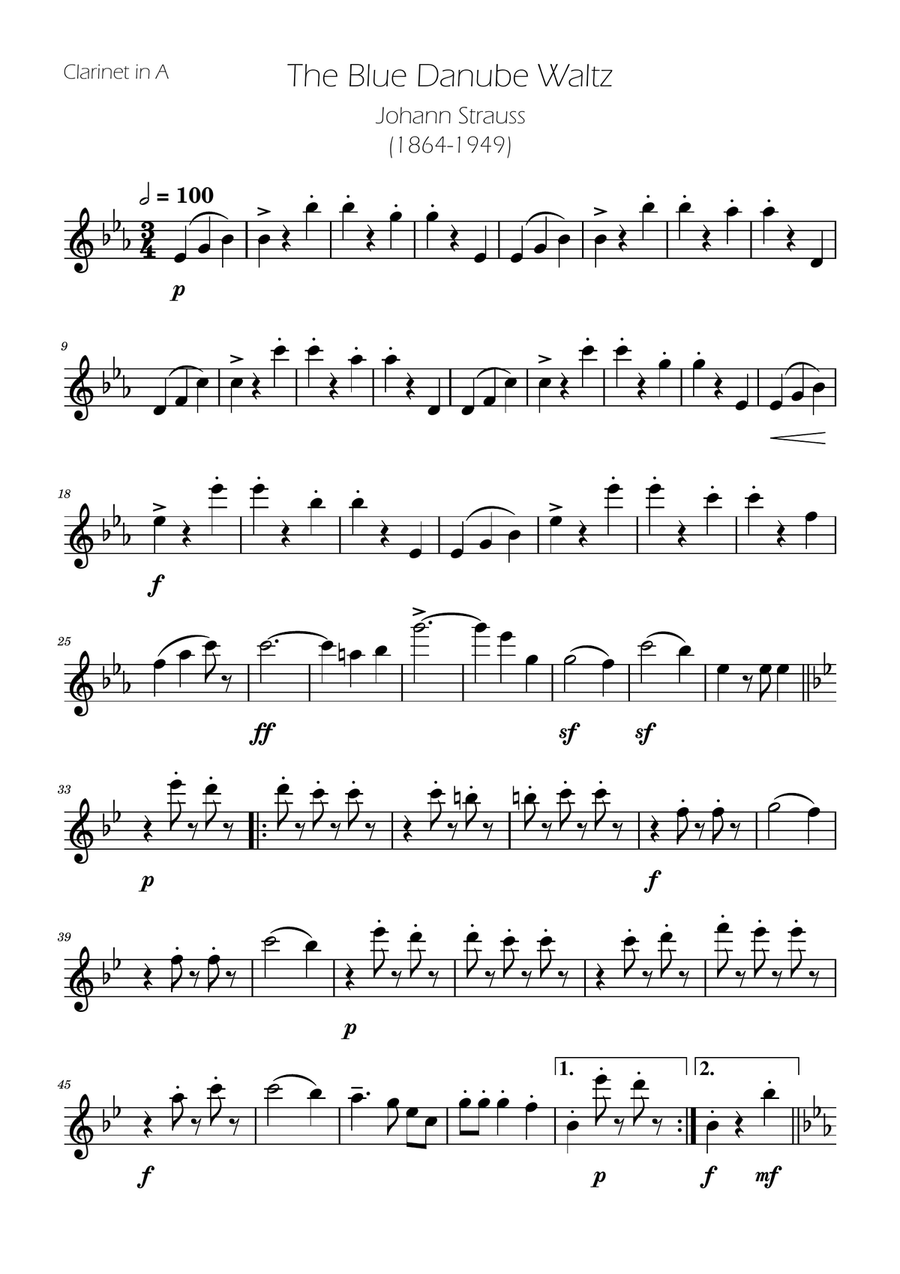 Blue Danube Walzt - Clarinet in A Solo A Clarinet scores gallery preview page 1