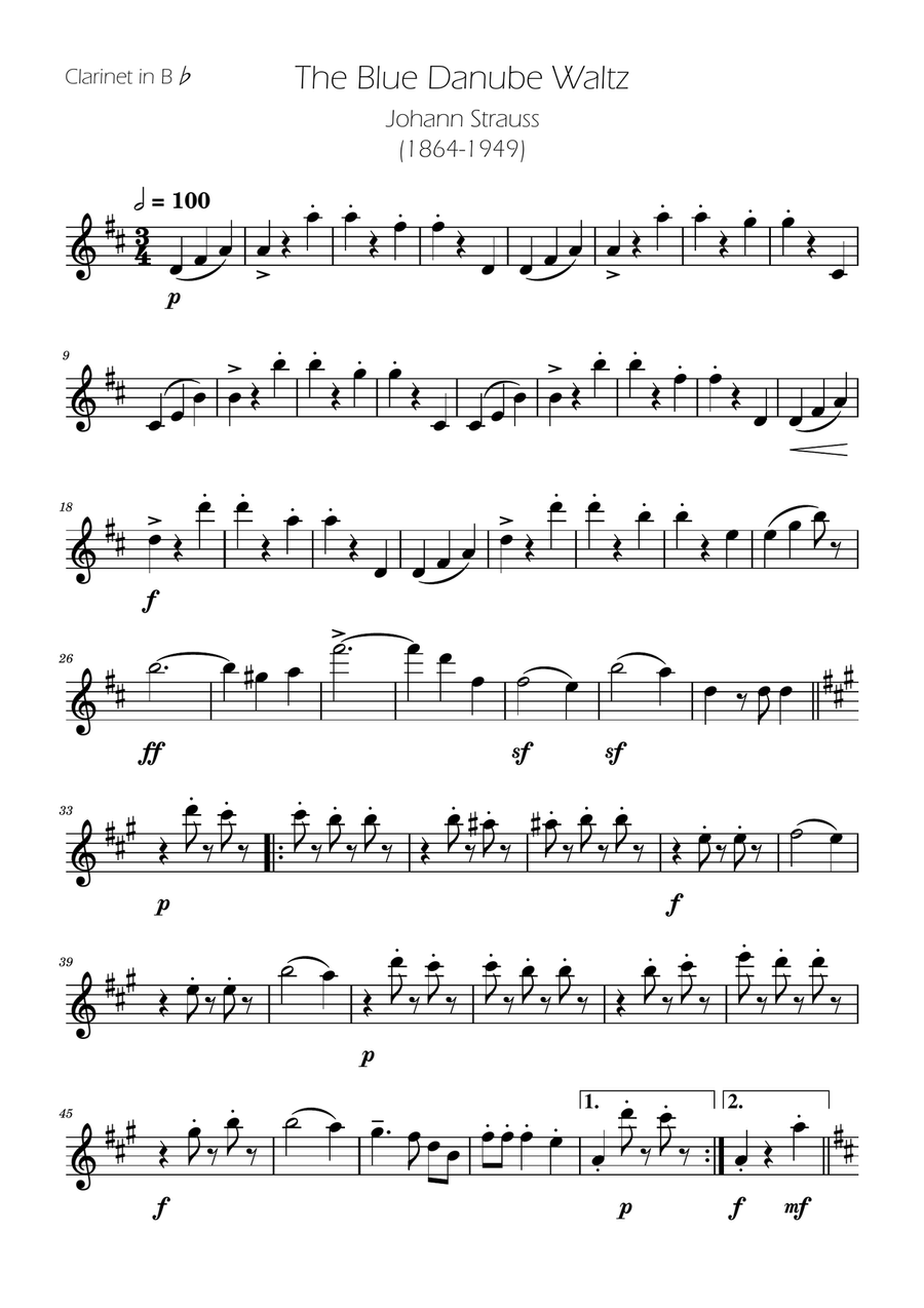 Blue Danube Walzt - Clarinet Solo B-Flat Clarinet scores gallery preview page 1