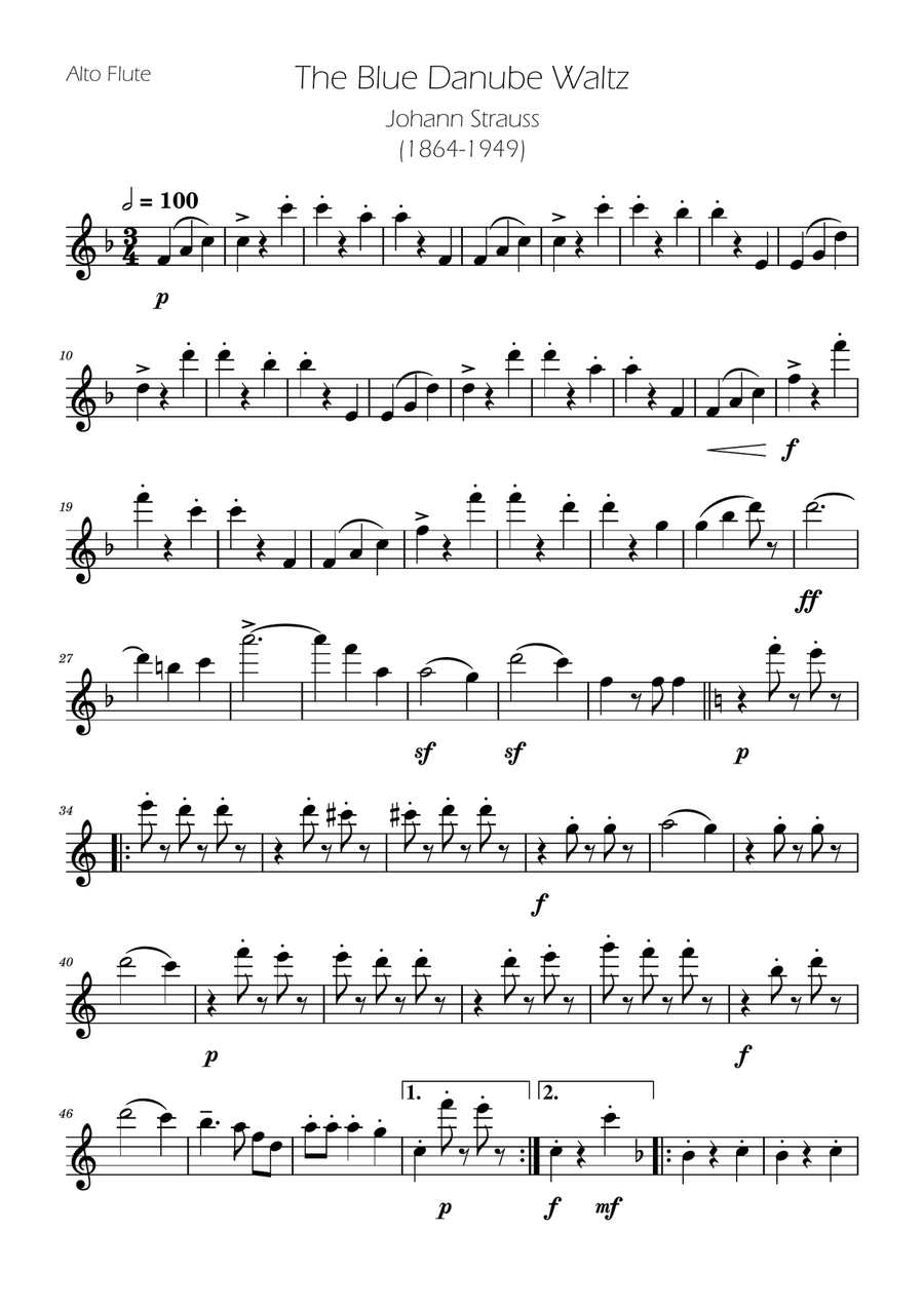 Blue Danube Walzt - Alto Flute Solo Flute Solo scores gallery preview page 1