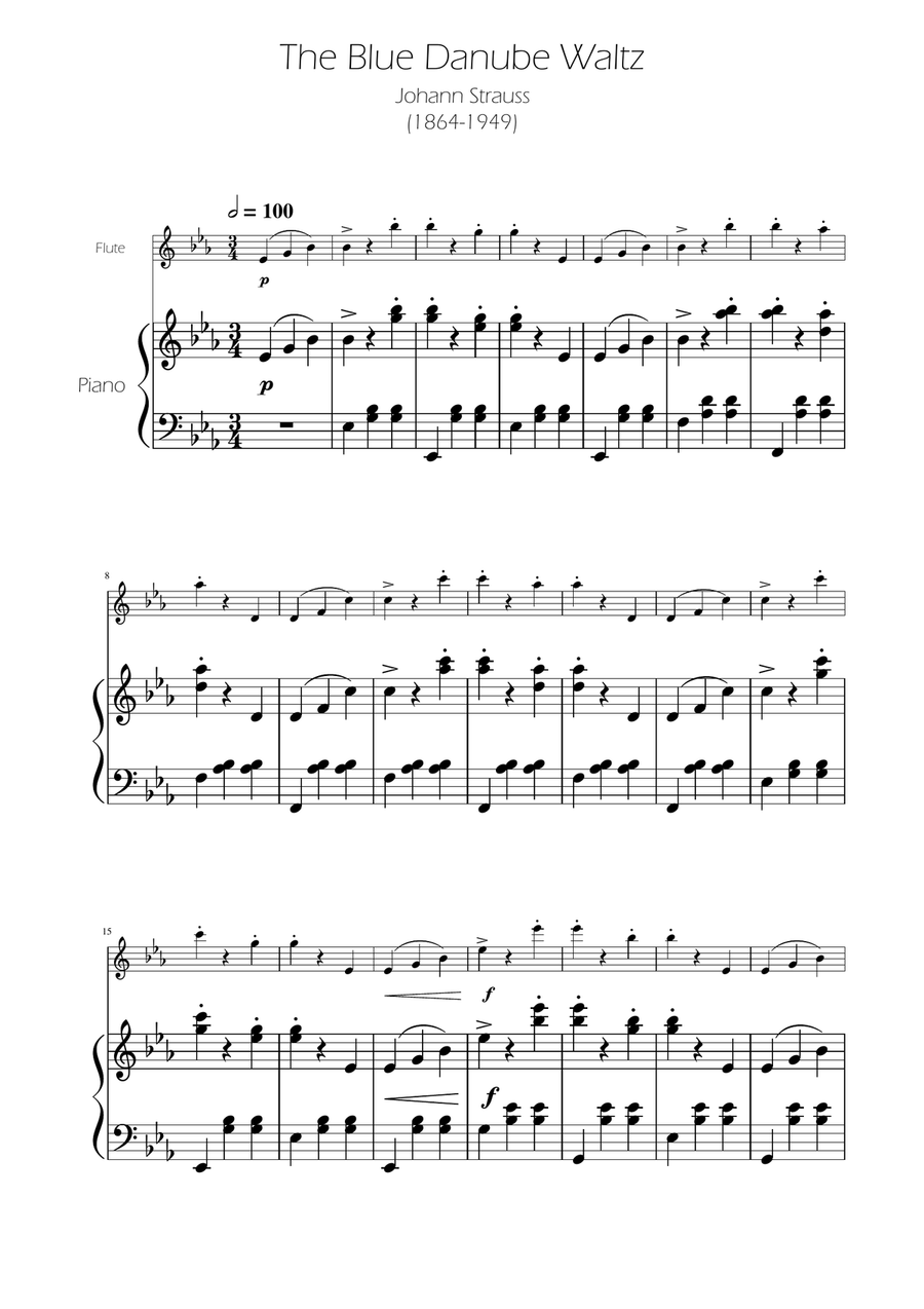 Blue Danube Walzt - Flute Solo w/ Piano Flute Solo scores gallery preview page 1