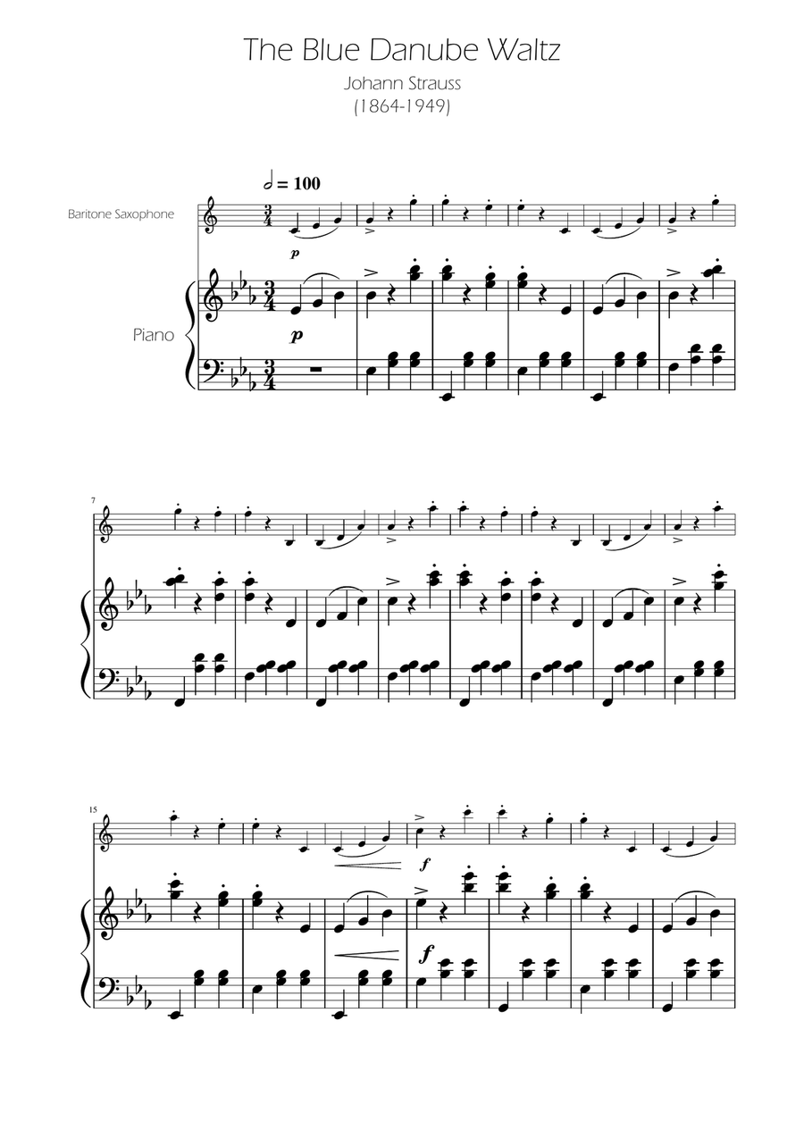 Blue Danube Walzt - Baritone Sax Solo w/ Piano Baritone Saxophone scores gallery preview page 1