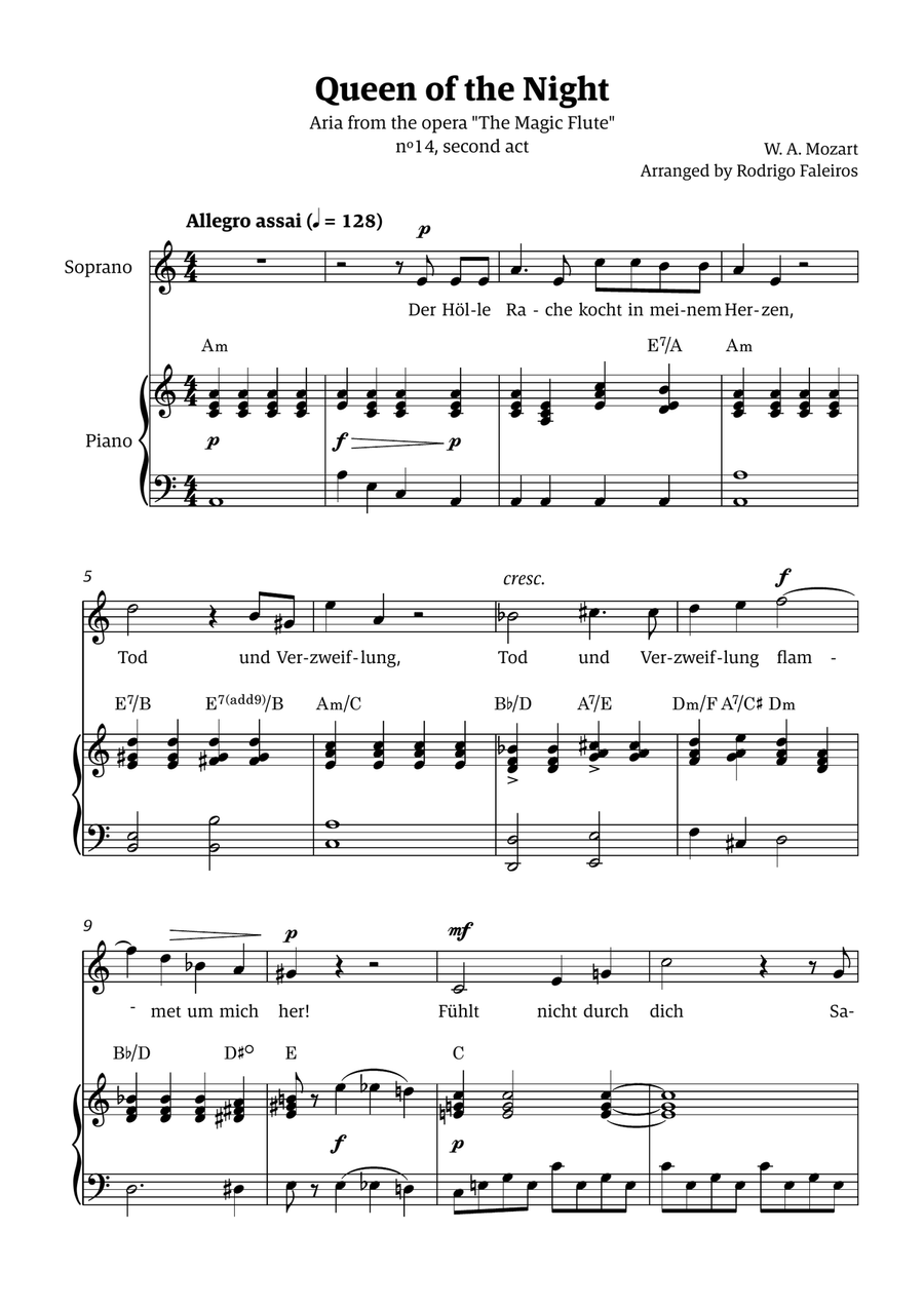 Queen of the Night (aria) - for SOPRANO in A minor (with chords) Chamber Music scores gallery preview page 1