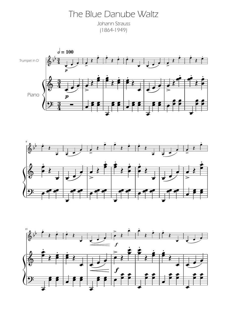 Blue Danube Walzt - Trumpet in D Solo w/ Piano Trumpet Solo scores gallery preview page 1