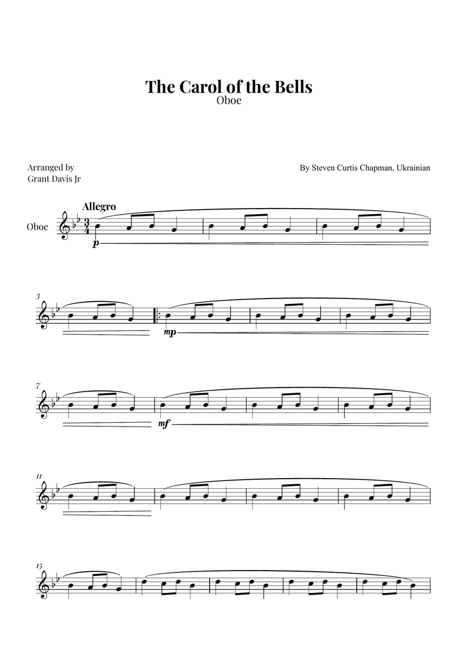 The Carol of the Bells Oboe Solo scores gallery preview page 1