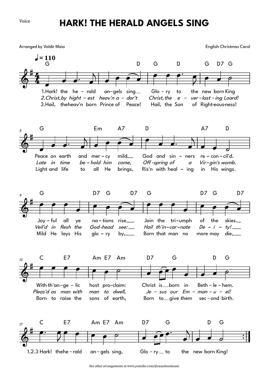 Hark! The Herald Angels Sing - Leadsheet in G Major with Lyrics and Chords Piano scores gallery preview page 1