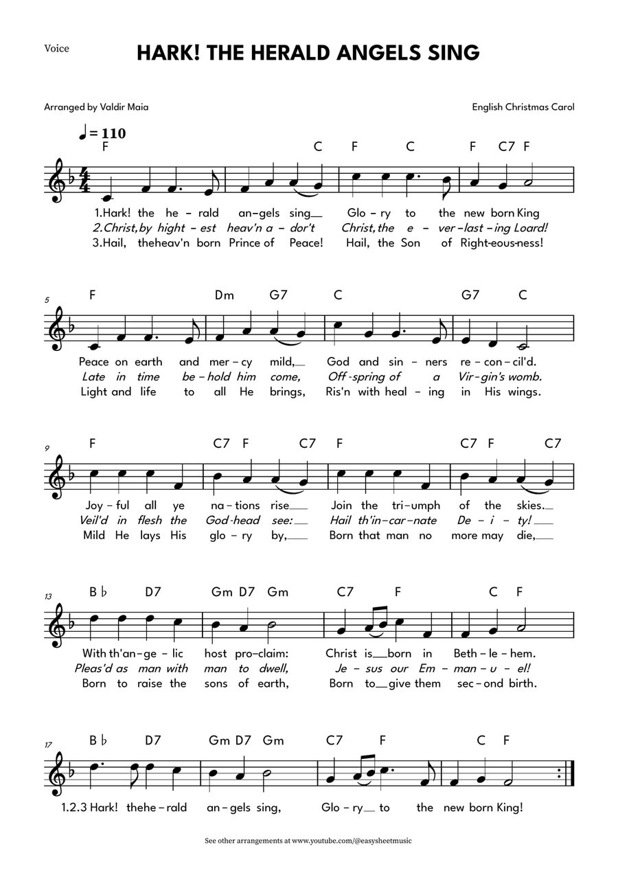 Hark! The Herald Angels Sing - Leadsheet in F Major with Lyrics and Chords Piano scores gallery preview page 1