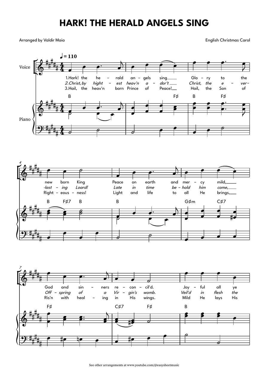 Hark! The Herald Angels Sing - Vocal or Instrumental Version in B Major Piano, Vocal scores gallery preview page 1