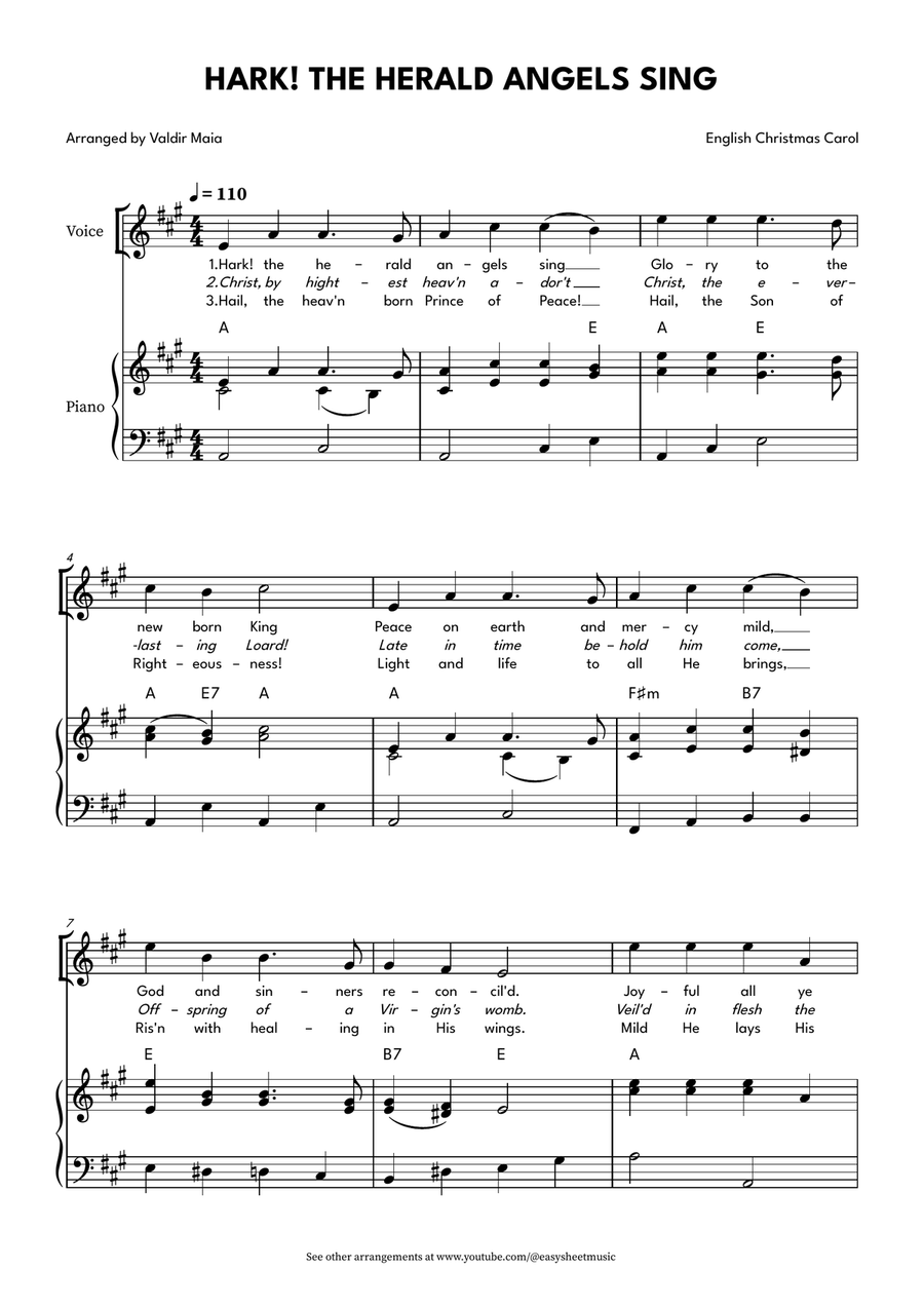 Hark! The Herald Angels Sing - Vocal or Instrumental Version in A Major with Piano Accompaniment Piano, Vocal scores gallery preview page 1