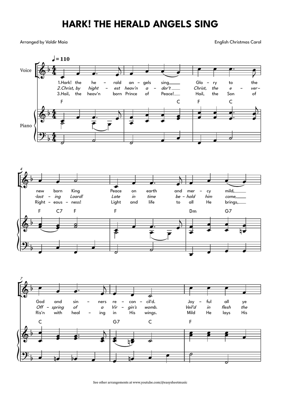 Hark! The Herald Angels Sing - Vocal or Instrumental Version in F Major Piano, Vocal scores gallery preview page 1