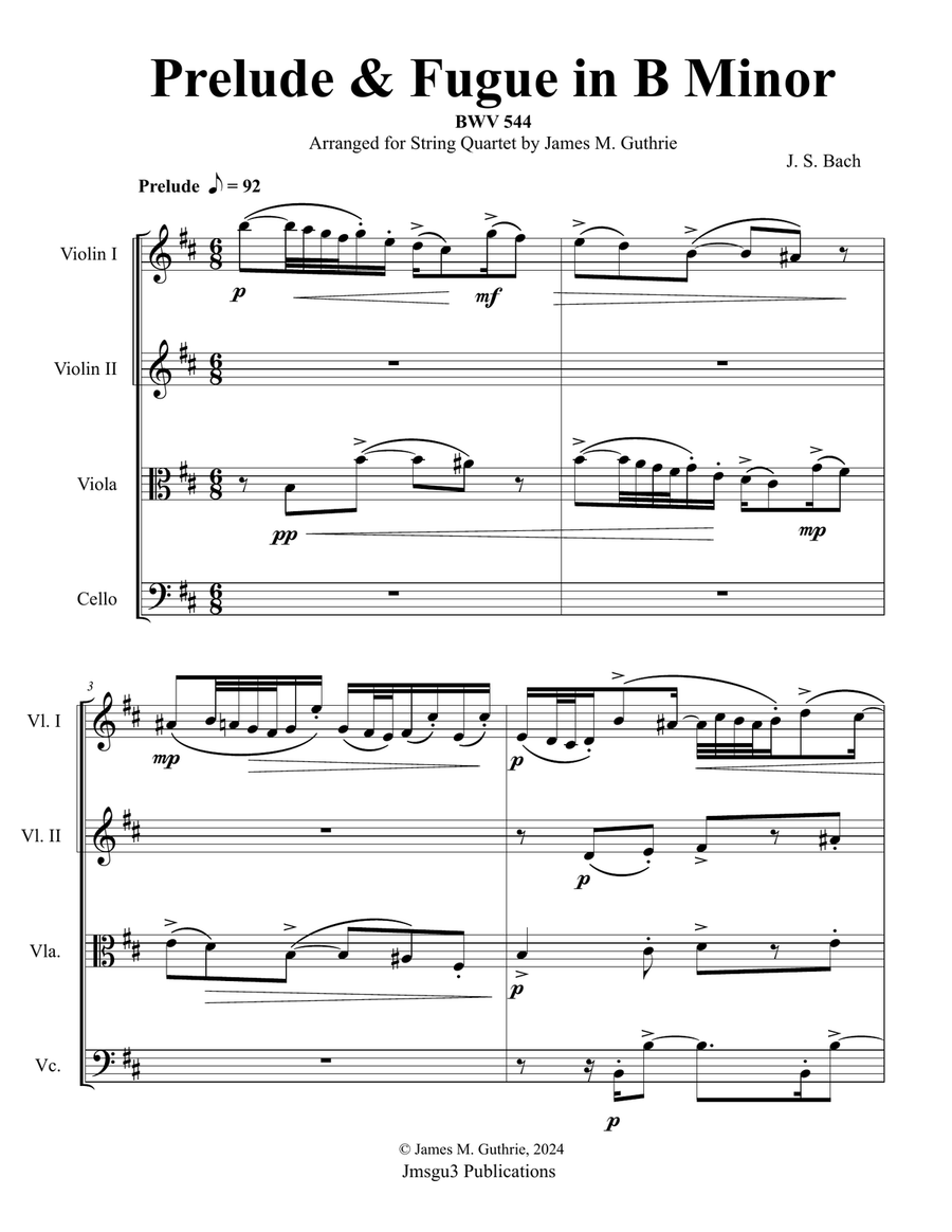 Bach: Prelude & Fugue in B Minor BWV 544 for String Quartet String Quartet scores gallery preview page 1