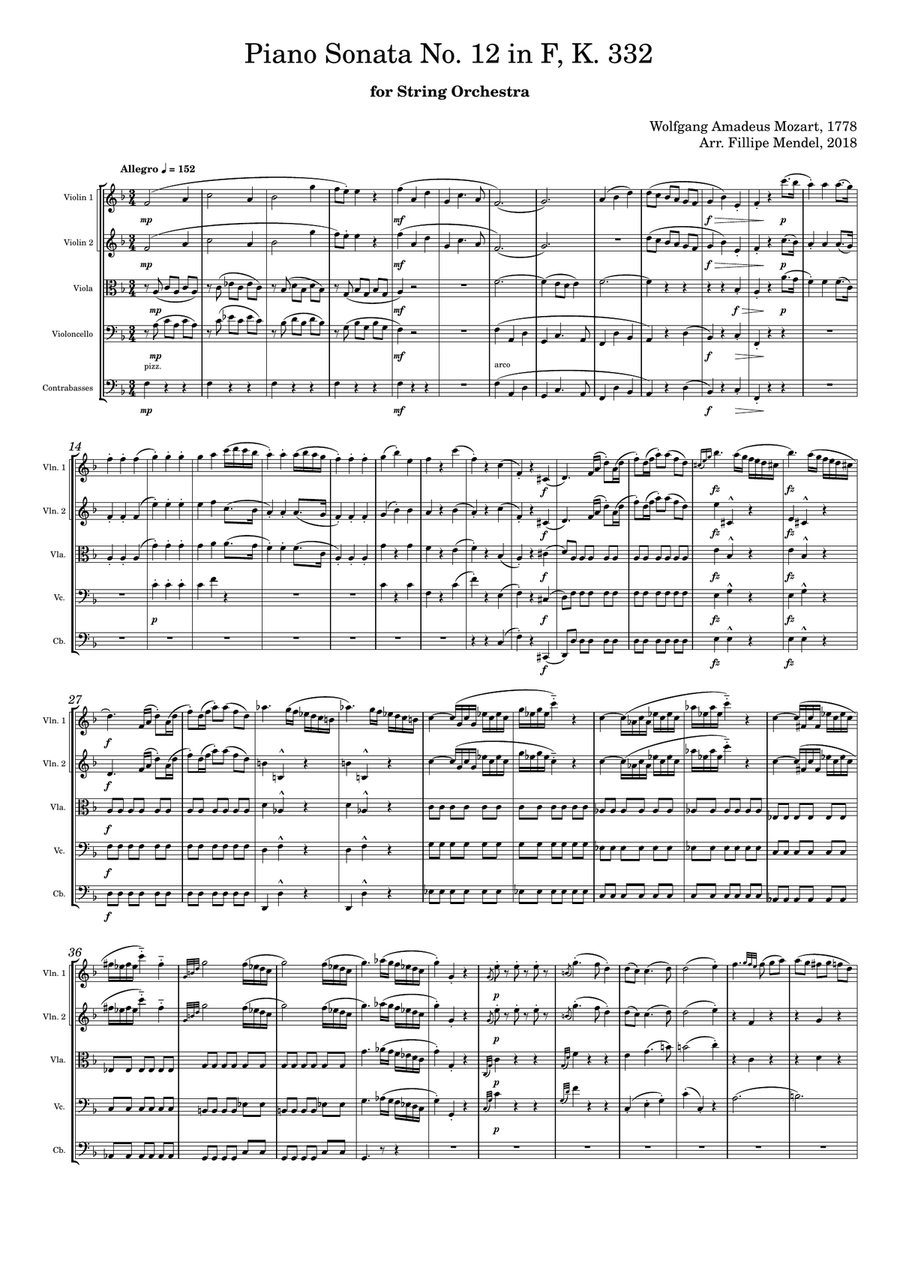Mozart - Sonata in F Major, K. 332 for String Orchestra String Orchestra scores gallery preview page 1