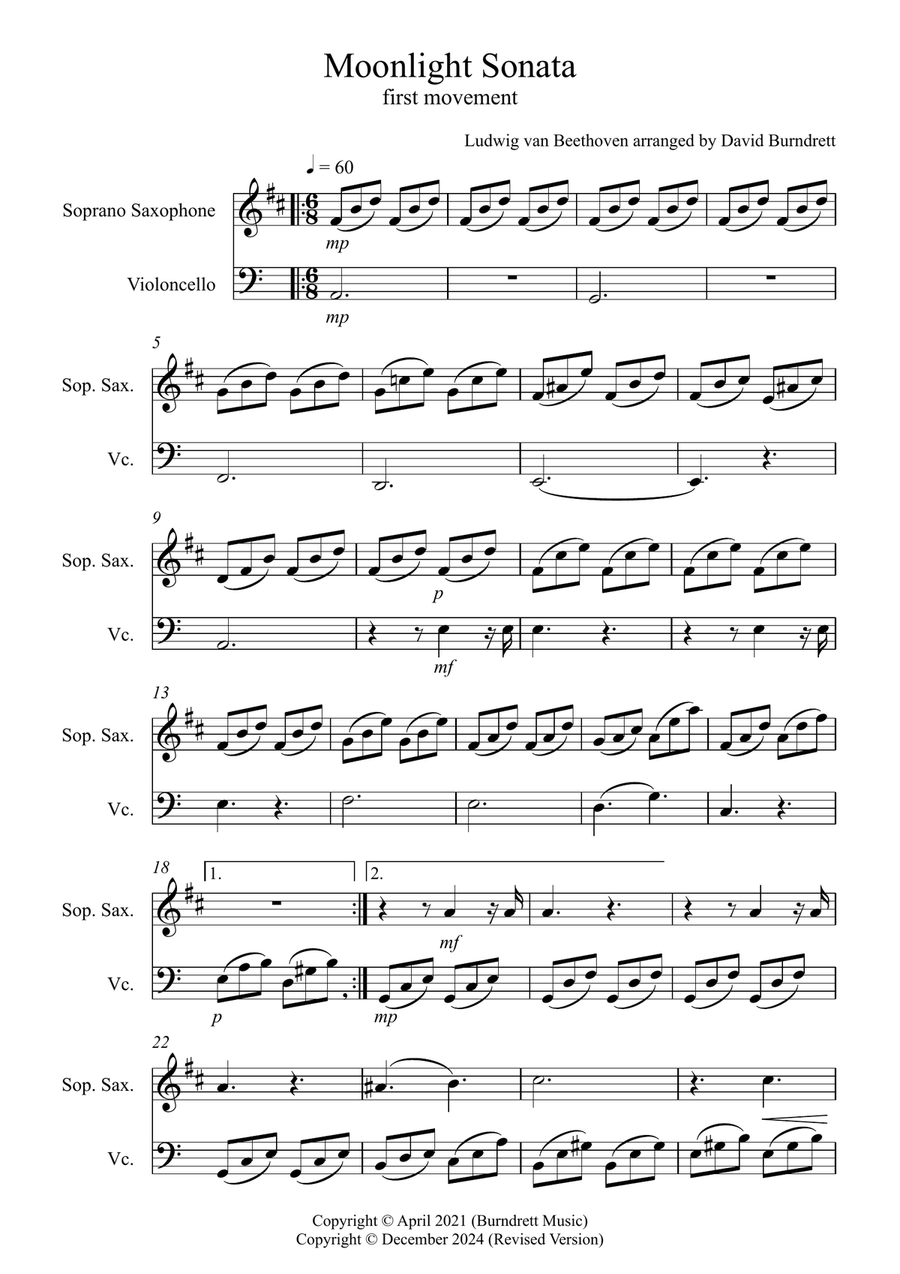 Moonlight Sonata for (1st movement) for Soprano Saxophone and Cello Duet Soprano Saxophone scores gallery preview page 1