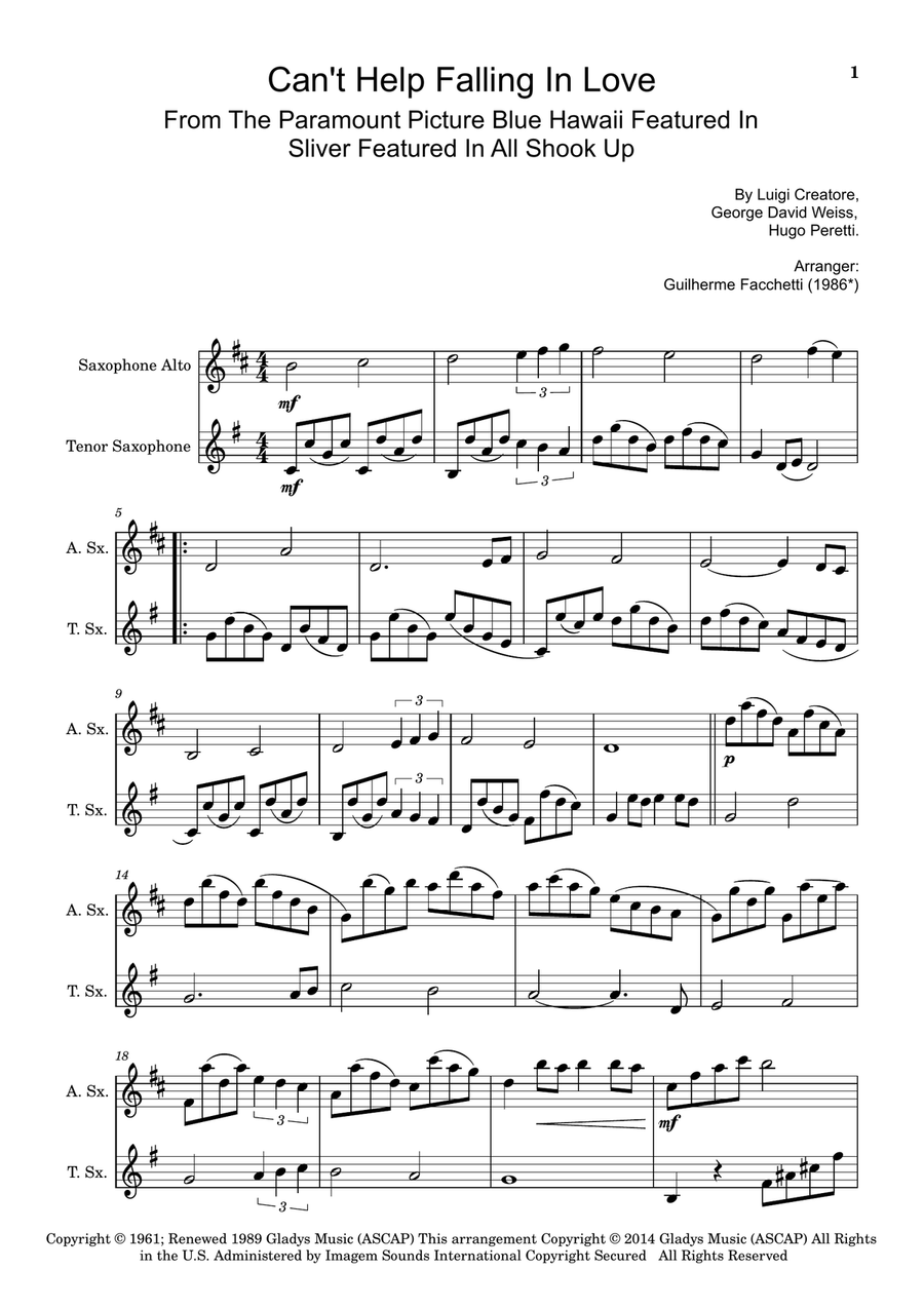 Can't Help Falling In Love Woodwind Duet scores gallery preview page 1