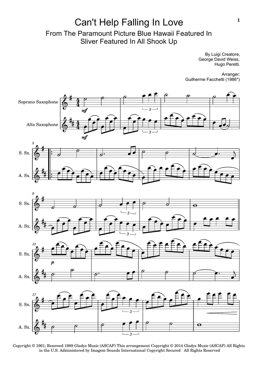 Can't Help Falling In Love Woodwind Duet scores gallery preview page 1