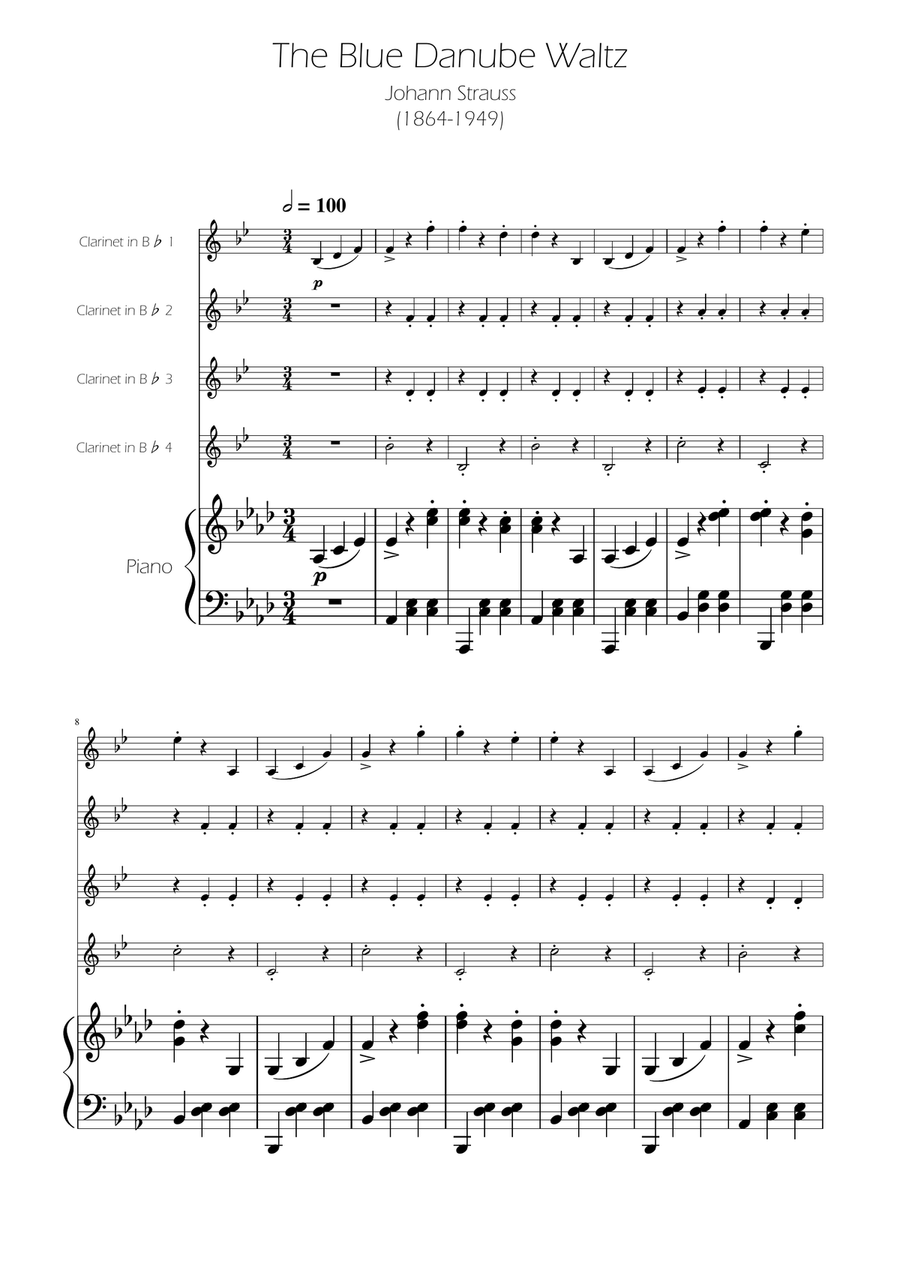 Blue Danube Walzt - Clarinet Quartet Clarinet Quartet scores gallery preview page 1