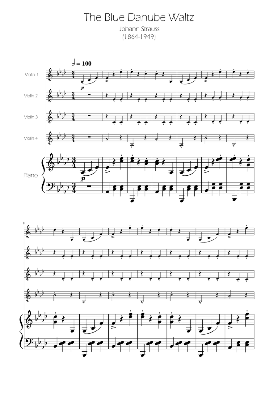 Blue Danube Walzt - Violin Quartet String Quartet scores gallery preview page 1