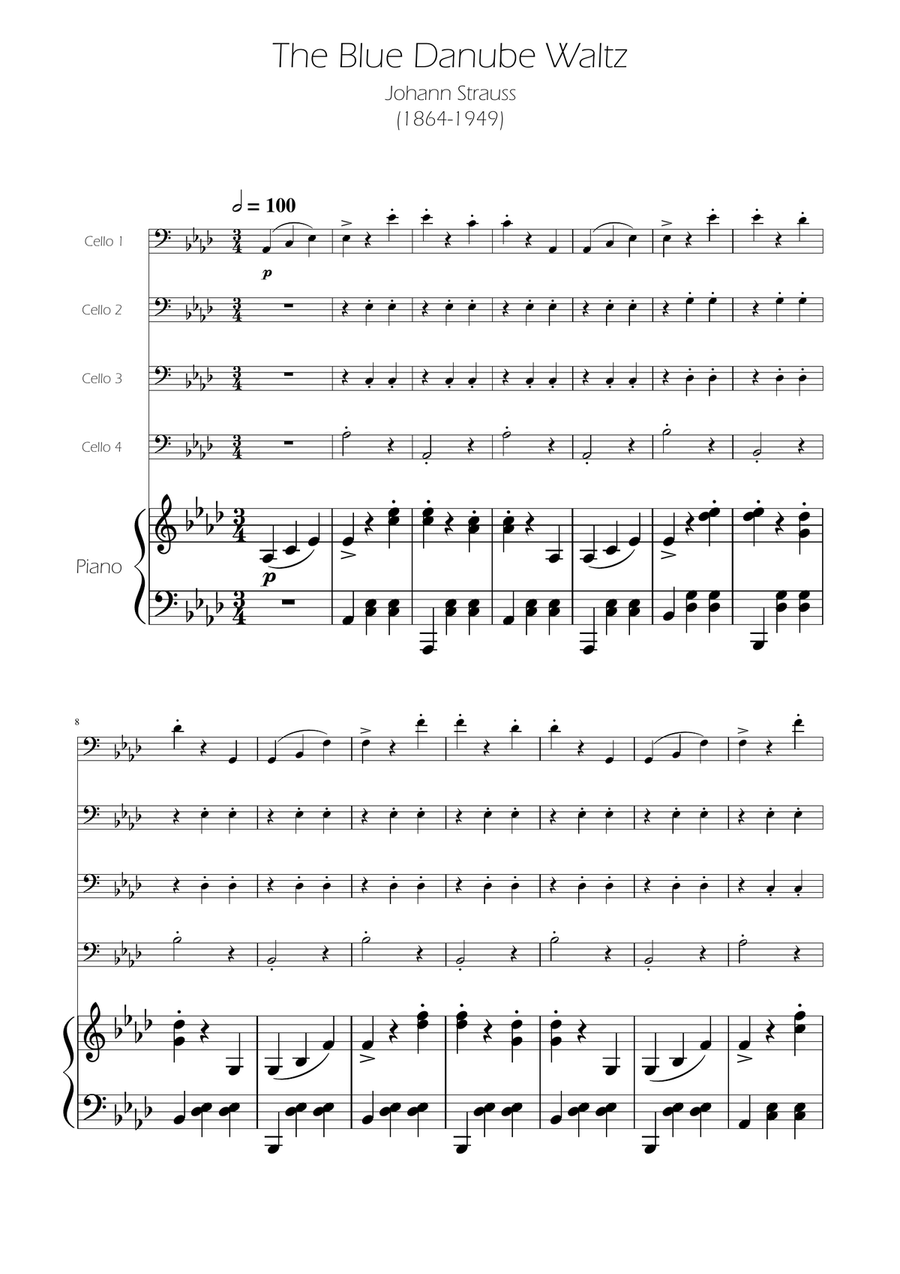 Blue Danube Walzt - Cello Quartet String Quartet scores gallery preview page 1