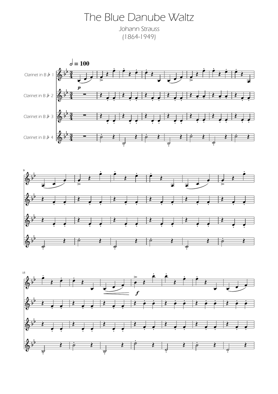 Blue Danube Walzt - Clarinet Quartet Clarinet Quartet scores gallery preview page 1