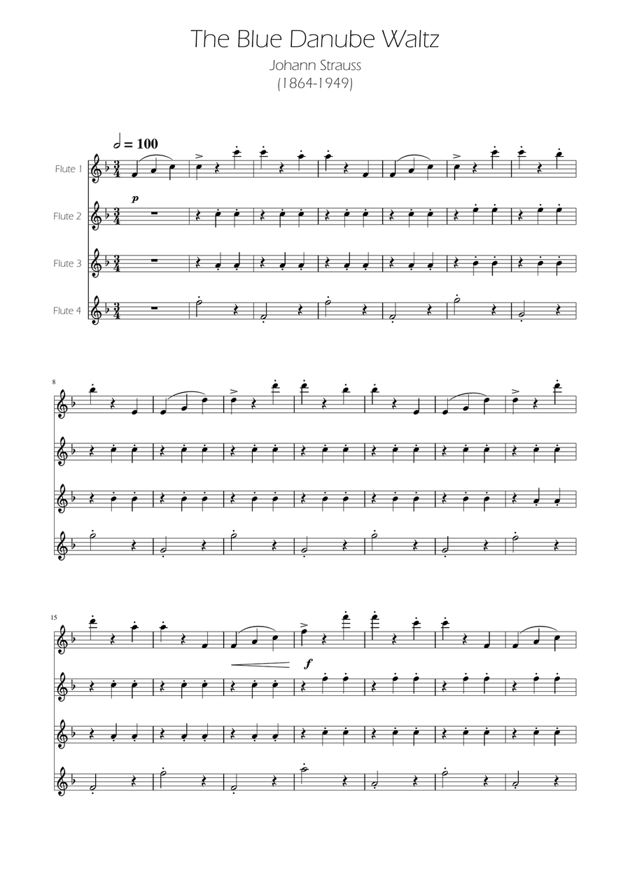 Blue Danube Walzt - Flute Quartet Flute Quartet scores gallery preview page 1
