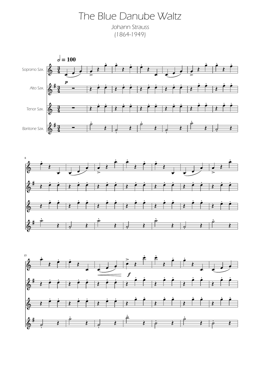 Blue Danube Walzt - Sax Quartet SATB Saxophone Quartet scores gallery preview page 1