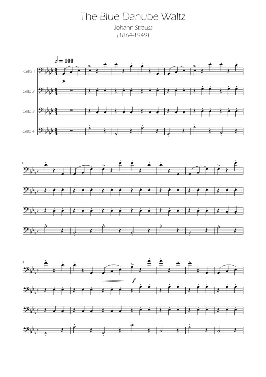 Blue Danube Walzt - Cello Quartet String Quartet scores gallery preview page 1