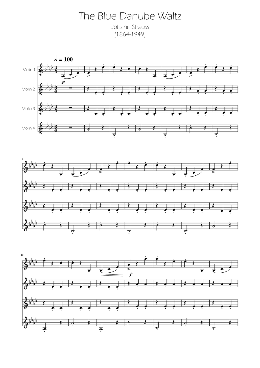 Blue Danube Walzt - Violin Quartet String Quartet scores gallery preview page 1