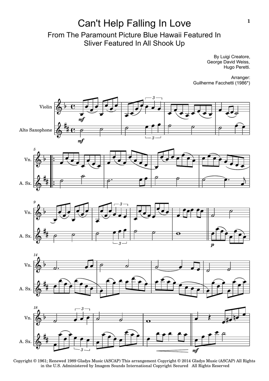 Can't Help Falling In Love Chamber Music scores gallery preview page 1