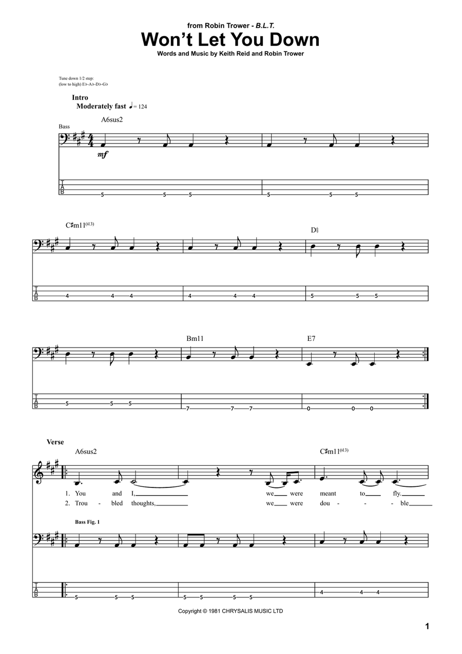 Won't Let You Down Bass Guitar Tablature scores gallery preview page 1