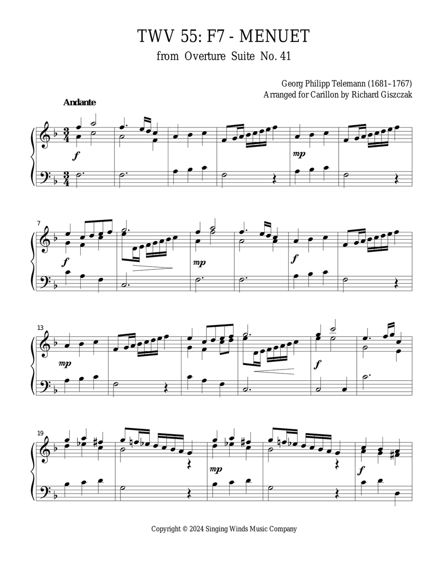 TWV 55: F7 - Menuet (OS 41) Chamber Music scores gallery preview page 1