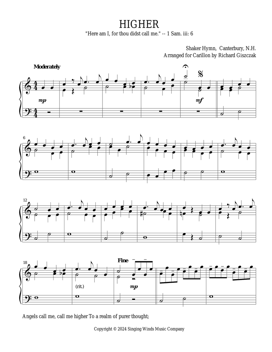 HIGHER -- Angels call me, call me higher (Shaker hymn) Carillon scores gallery preview page 1