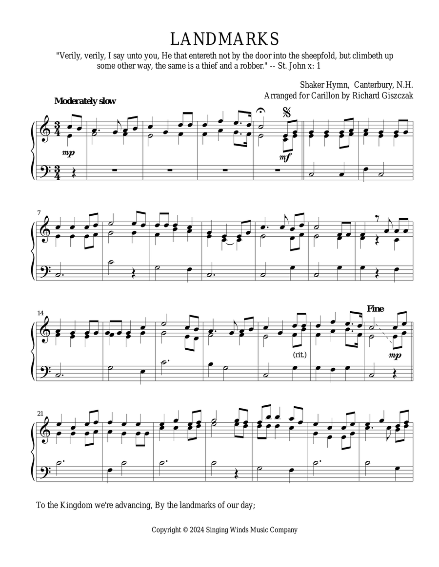 LANDMARKS -- To the Kingdom we're advancing (Shaker hymn) Carillon scores gallery preview page 1