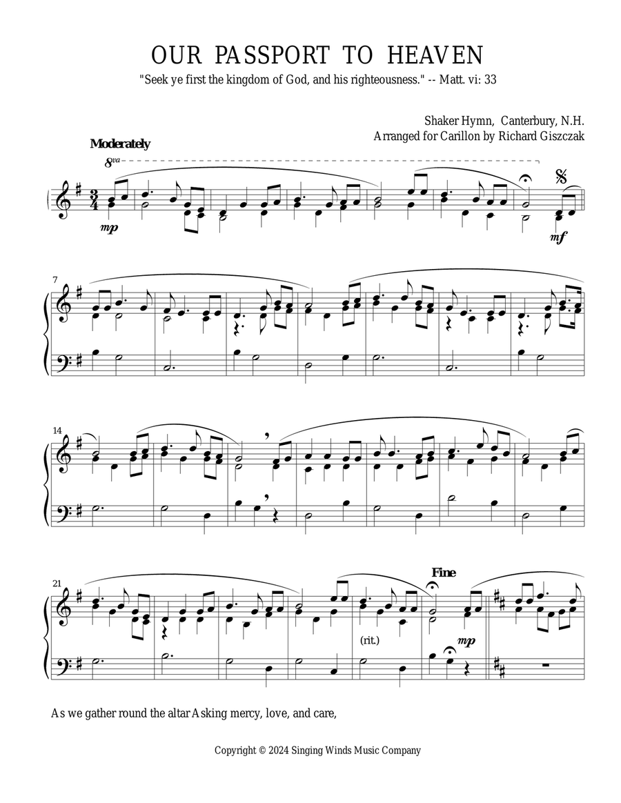 OUR PASSPORT TO HEAVEN -- As we gather round the altar (Shaker hymn) Carillon scores gallery preview page 1