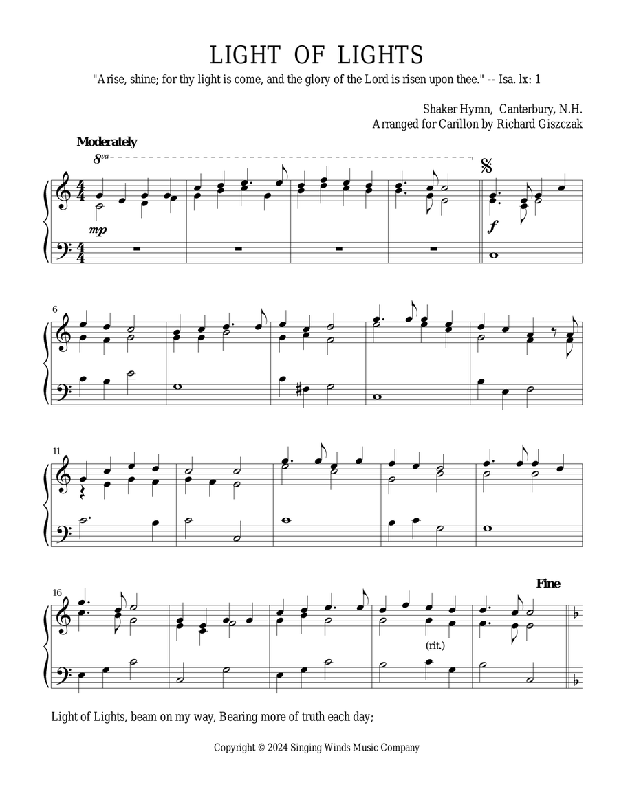 LIGHT OF LIGHTS -- Light of Lights, beam on my way (Shaker hymn) Carillon scores gallery preview page 1