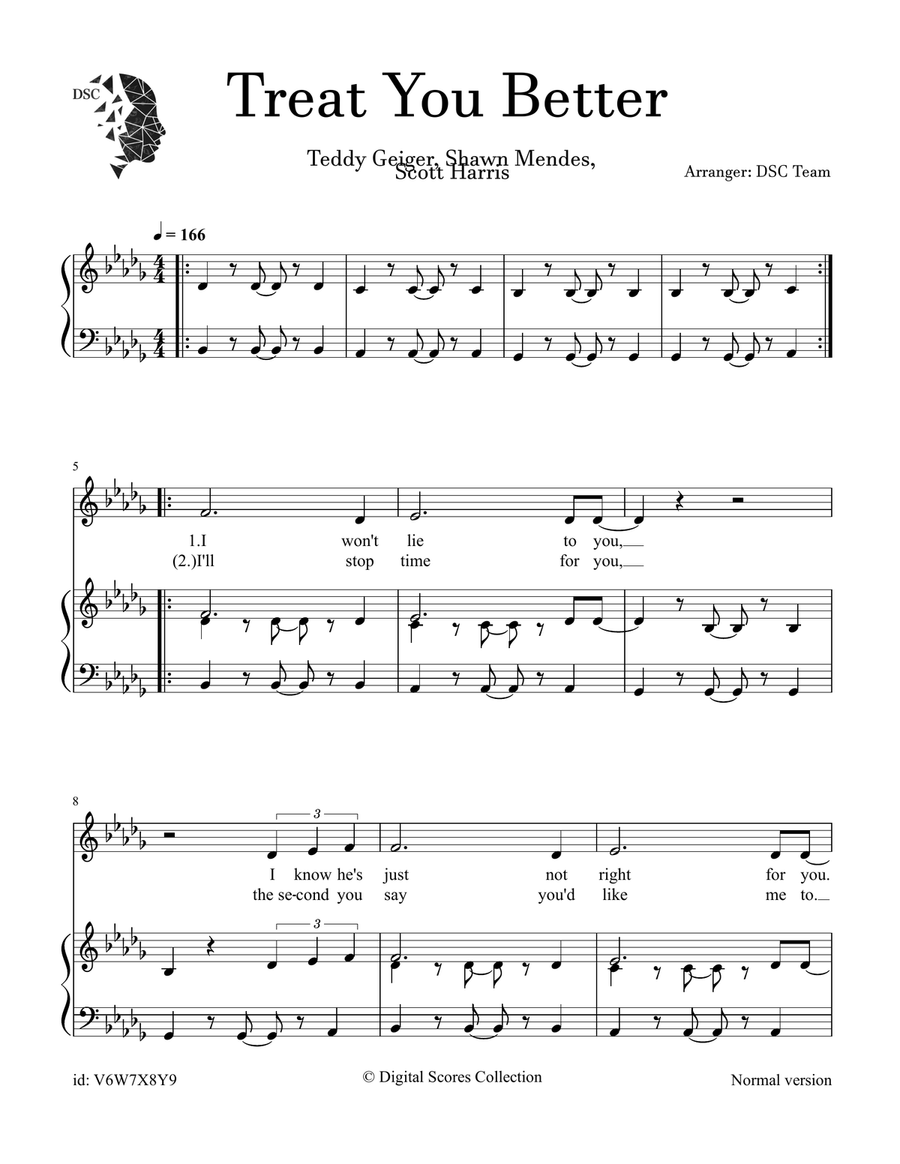 Treat You Better Treat You Better Piano Solo scores gallery preview page 1