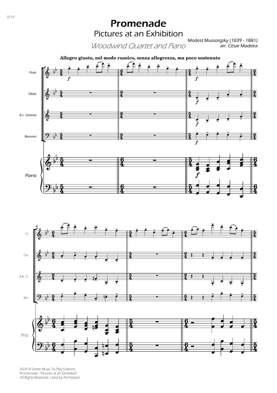 Pictures at an Exhibition - Promenade - Woodwind Quartet and Piano (Full Score) - Score Only Woodwind Quartet scores gallery preview page 1
