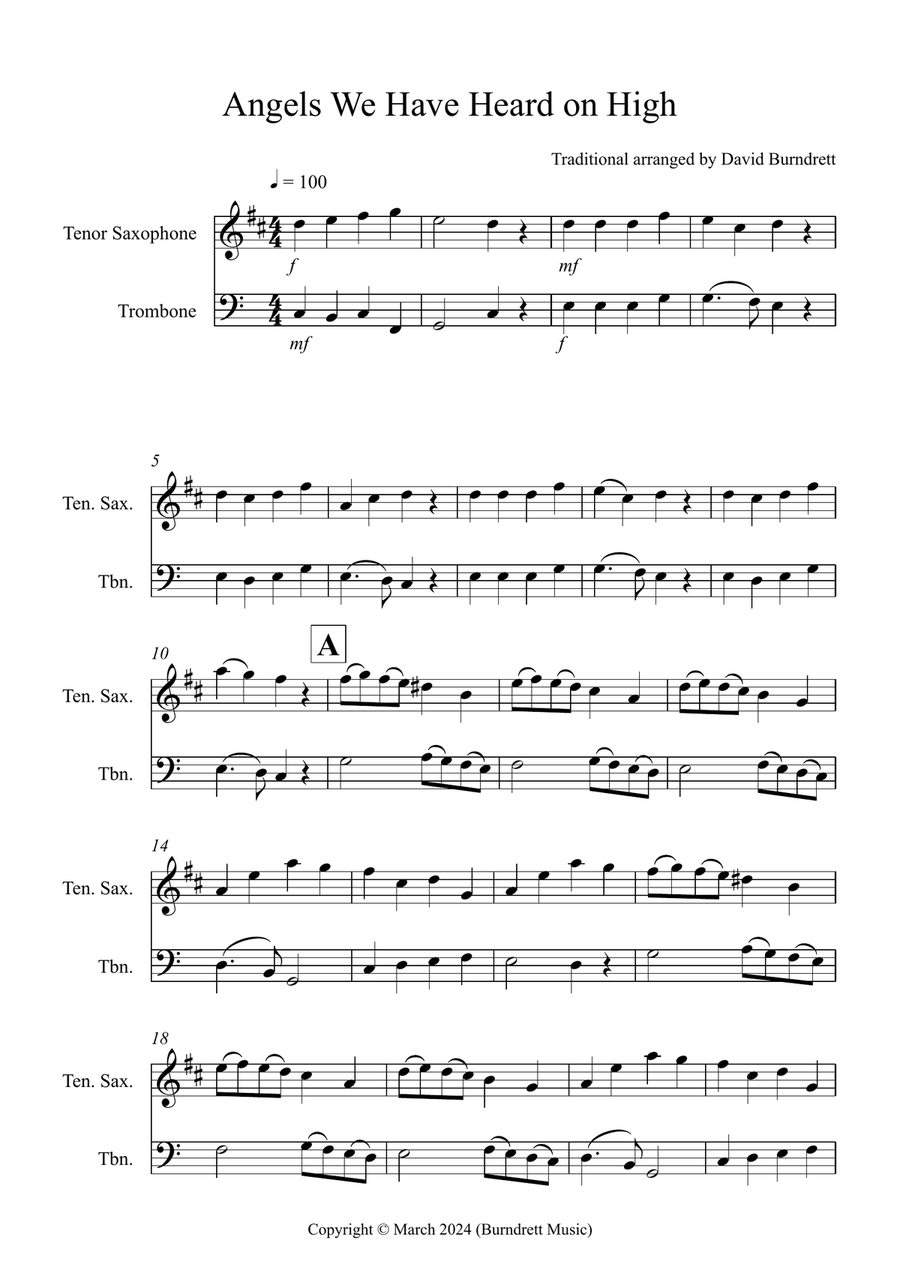 Angels We Have Heard on High for Tenor Saxophone and Trombone Duet Trombone Duet scores gallery preview page 1