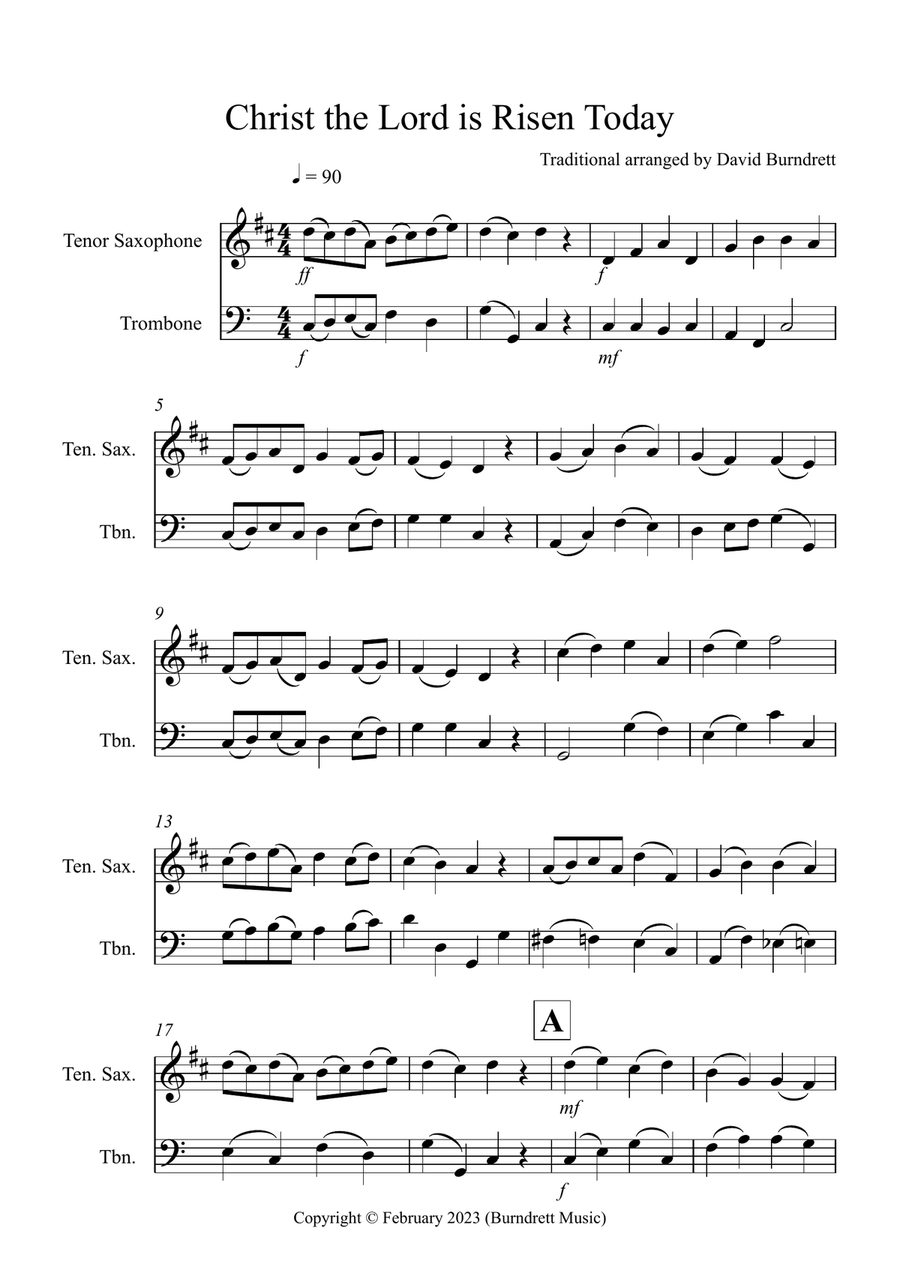 Christ The Lord is Risen Today for Tenor Saxophone and Trombone Duet Trombone Duet scores gallery preview page 1