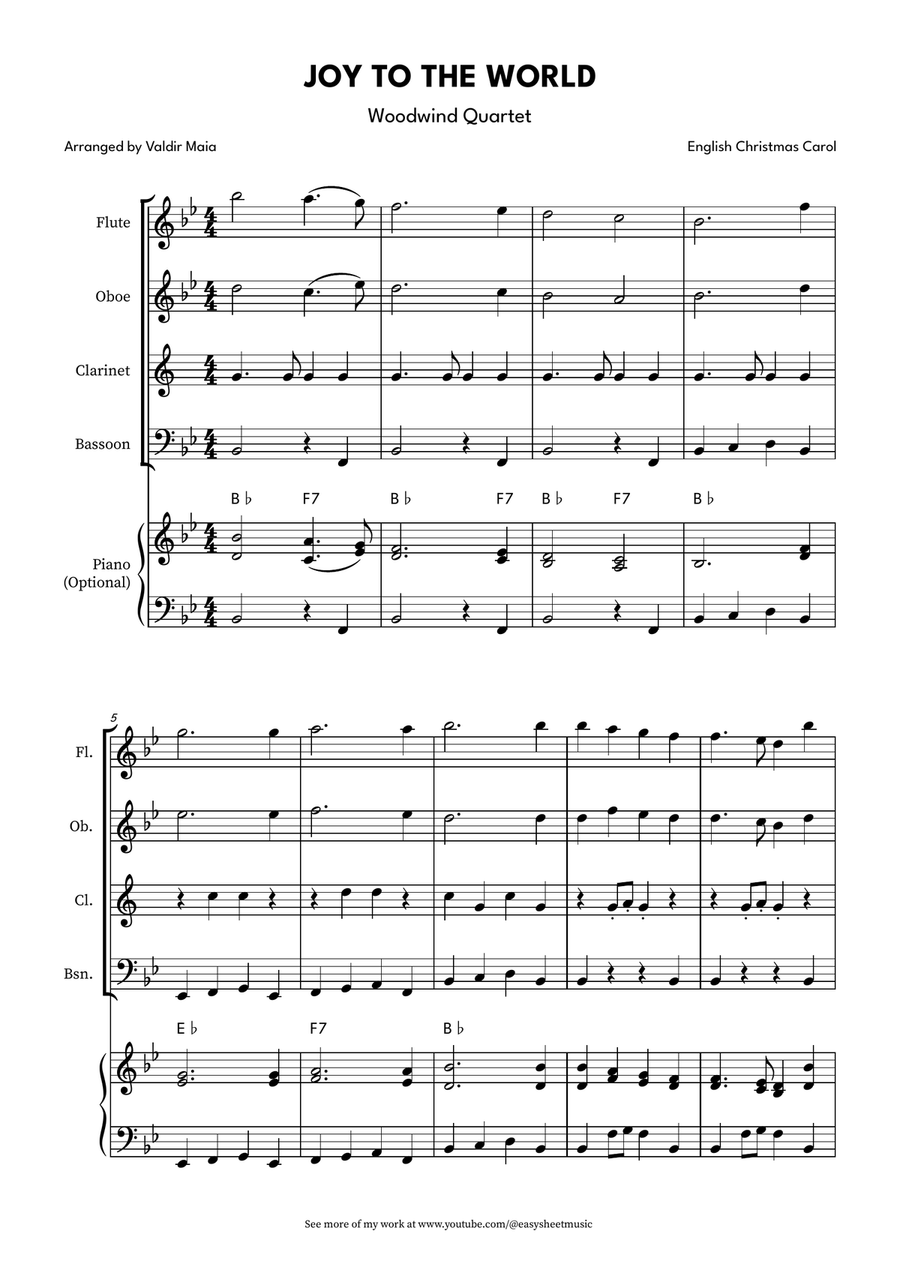 Joy to the World for Woodwind Quartet with Optional Piano Accompaniment Woodwind Quartet scores gallery preview page 1