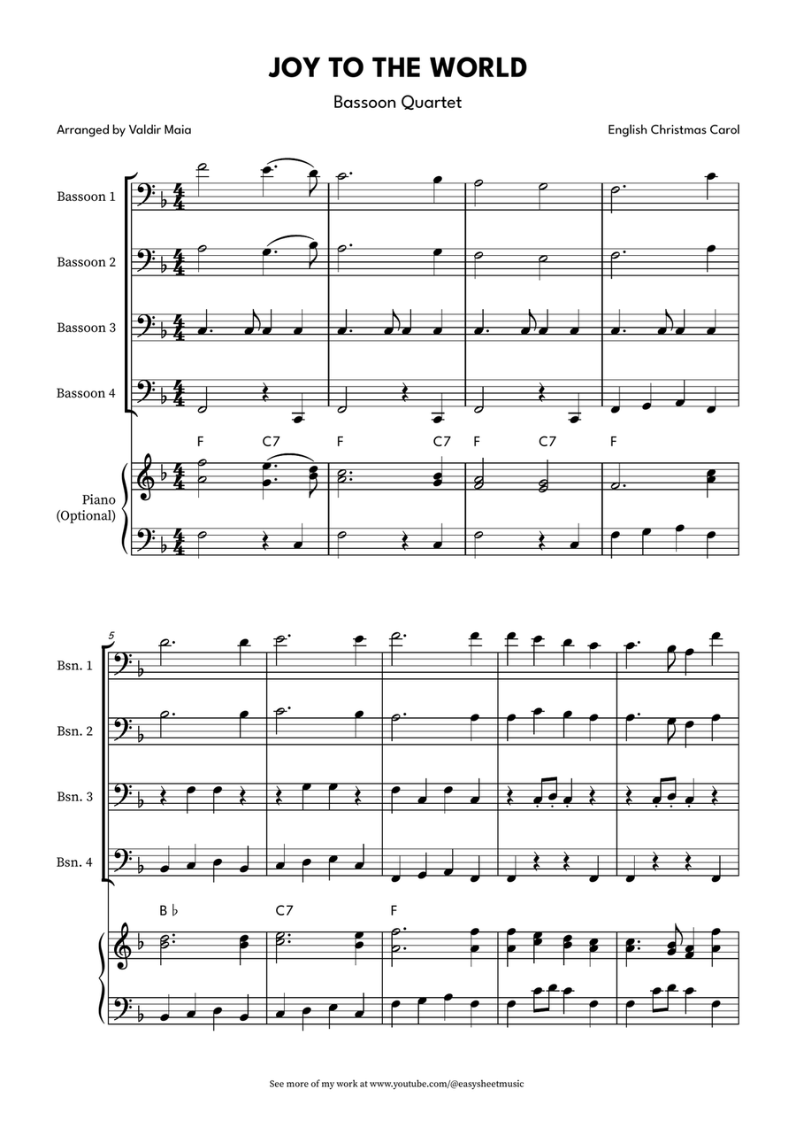 Joy to the World for Bassoon Quartet with Optional Piano Accompaniment Woodwind Quartet scores gallery preview page 1