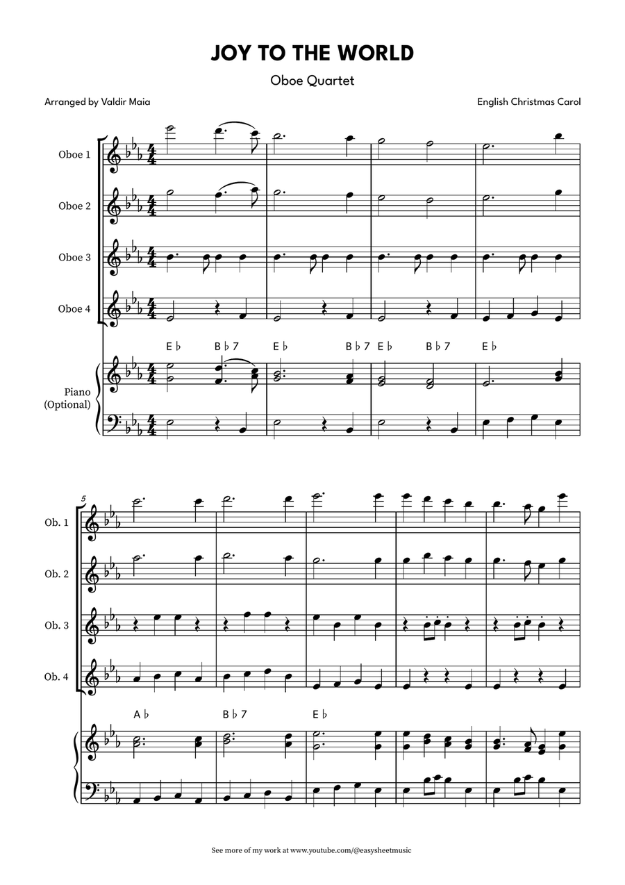 Joy to the World for Oboe Quartet with Optional Piano Accompaniment Woodwind Quartet scores gallery preview page 1