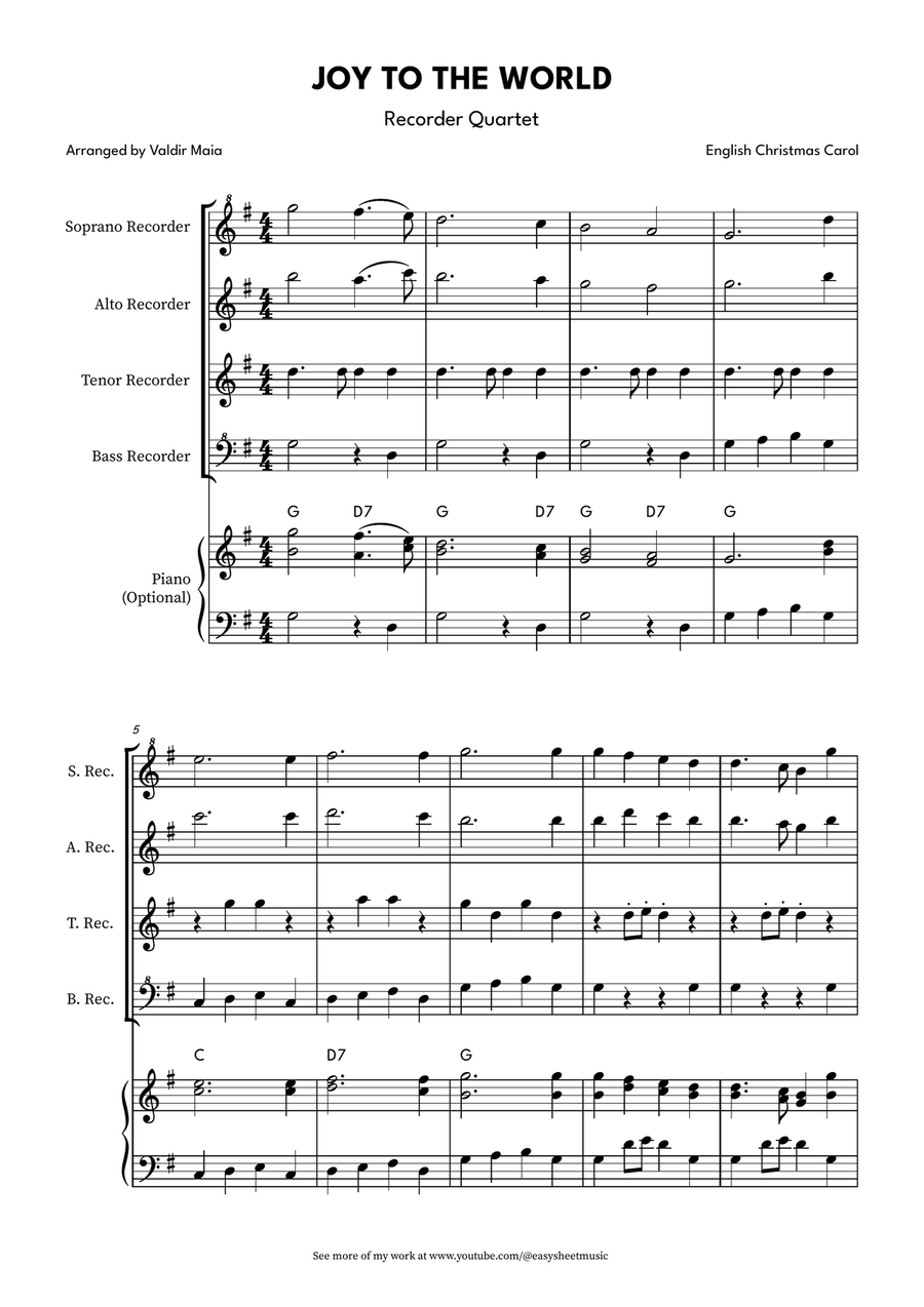Joy to the World for Recorder Quartet with Optional Piano Accompaniment Soprano Recorder scores gallery preview page 1