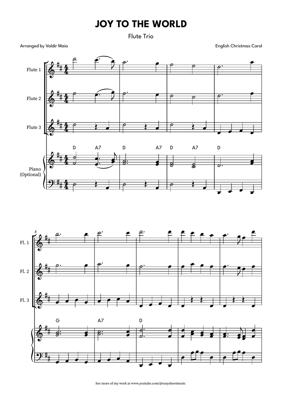 Joy to the World for Flute Trio with Optional Piano Accompaniment Woodwind Trio scores gallery preview page 1